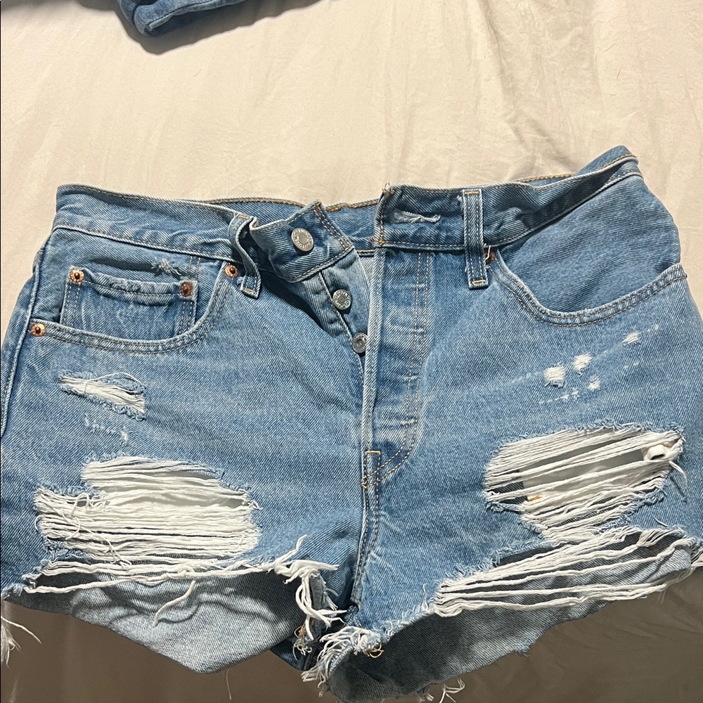 Levi's High Waist Distressed Denim Shorts - Blue